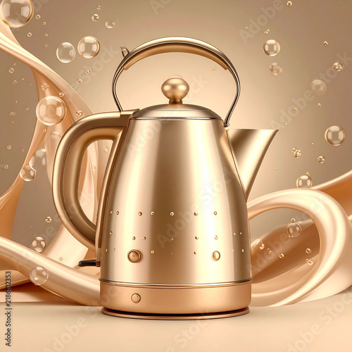 the image shows a gleaming, golden kettle positioned against a swirling, cream colored backdrop. the kettle features a smooth, reflective surface, a curved handle, and a small knob on top