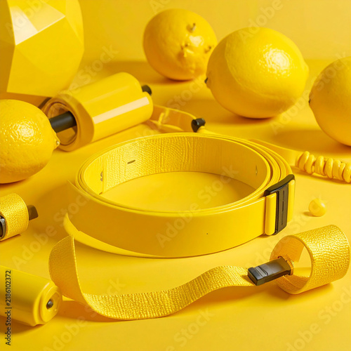 in a vibrant scene dominated by a consistent hue, a collection of items is displayed against a plain backdrop. a smooth belt is coiled in the center, its buckle a darker contrasting shade