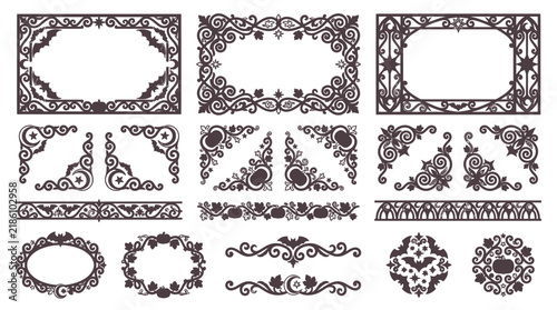 Vintage ornamental frames and borders set, ornate filigree corner elements, decorative victorian vector dividers for wedding invitations isolated on White Background Halloween