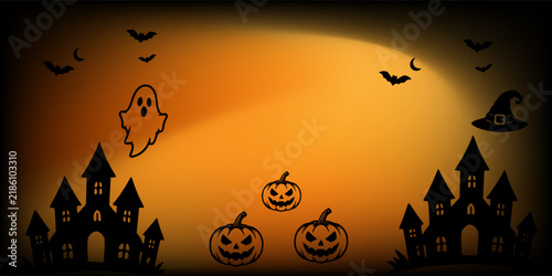 Halloween Haunted Castle Illustration with Jack-o'-Lanterns, Bats and Spooky Night Background.