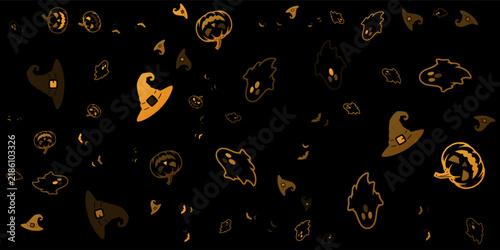 Halloween Pattern with Witch Hats, Jack-o'-Lanterns, Ghosts and Bats on Black Background.