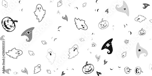 Minimal Halloween Pattern with Ghosts, Witch Hats, Jack-o'-Lanterns and Bats on White Background.