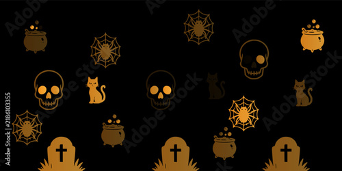 Halloween Pattern with Skulls, Black Cats, Cauldrons and Spider Webs.