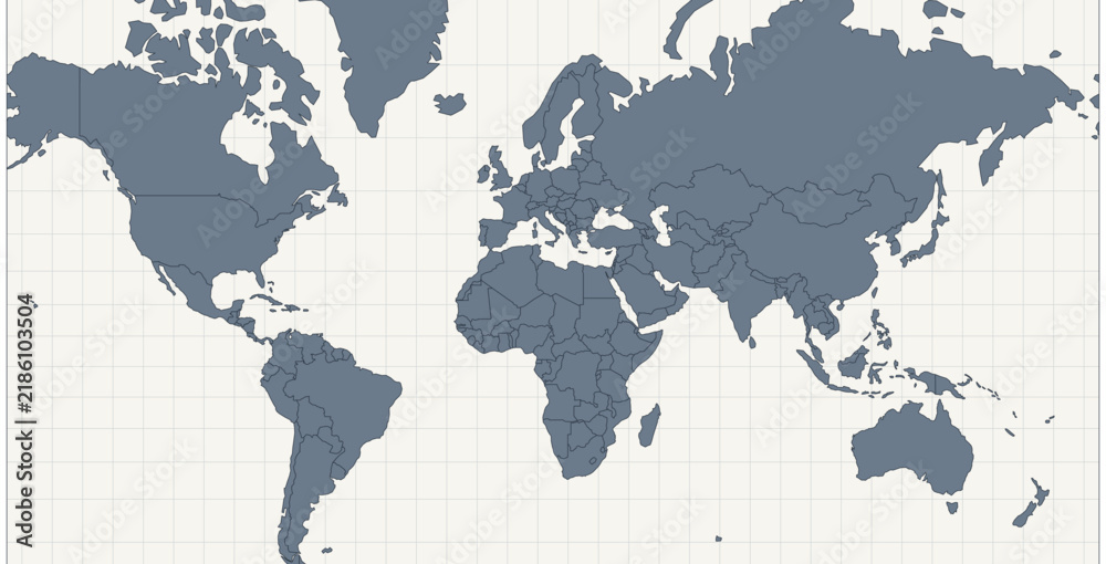 Fototapeta premium Atlas Mercator Mediterranean Zoom Slate Editable Projection Atlas World Map Featuring editable country borders with graticule lines on a geographic projection Forming Global Continents for Frosted