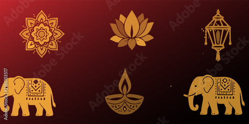 Diwali Pattern with Diya, Lotus, Elephants and Ornamental Lantern.