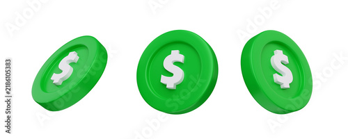 Set of 3D render dollar coins icon sign. Isolated money currency symbol collection for financial business, cash payment, banking exchange, investment wealth, revenue earnings, profit income, savings