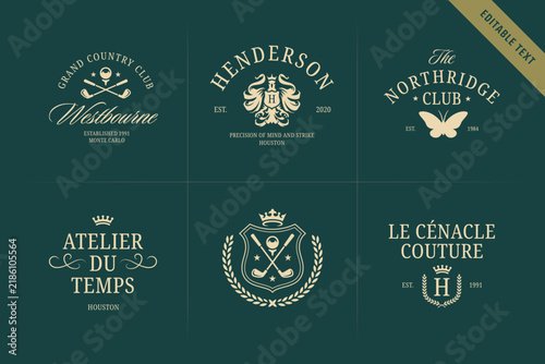 Logo templates with editable text built around classic golf club motifs, delicate serif script and hand drawn heraldic decorative elements for timeless luxury identity
