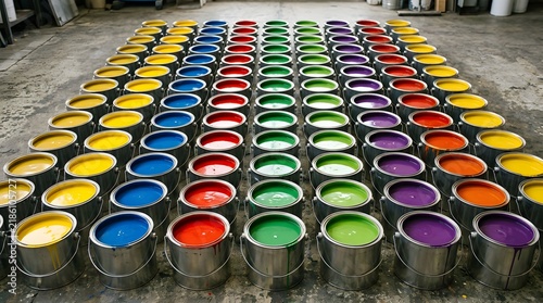 Bright Rainbow Paint Cans Arranged in Gridded Rows