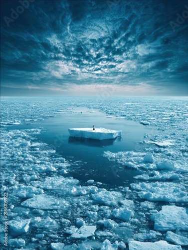 Single iceberg floating in dramatic blue sky