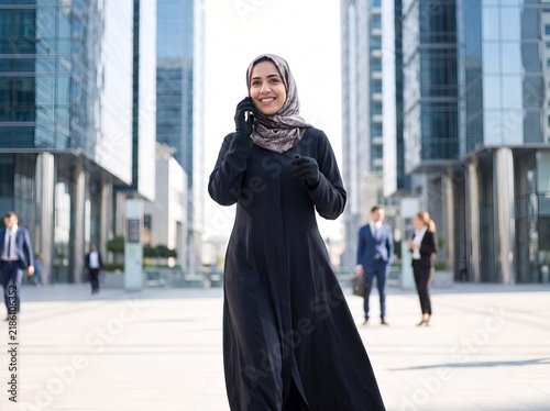 Smiling Muslim Businesswoman Talking on Smartphone in City Financial District
