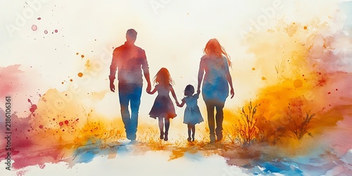 Watercolor painting of a family of four, parents and two daughters, walking handinhand