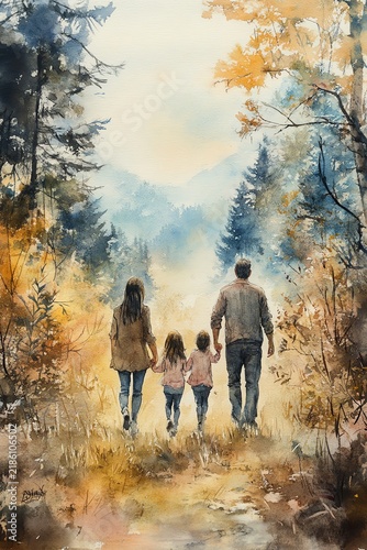 Watercolor painting of a family of four, parents and two daughters, walking handinhand