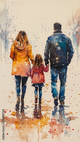 Watercolor painting of a family of four, parents and two daughters, walking handinhand