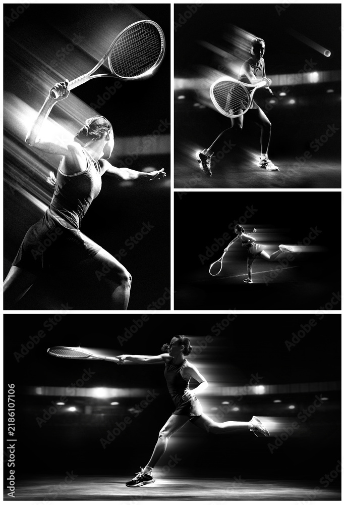 Obraz premium Female tennis player serving and striking ball in monochrome action collage. Concept of sports fashion, tournament editorials, racket promotion, and dramatic event posters.