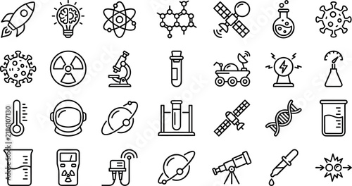 Science technology and space exploration research outline vector line icon setScience technology and space exploration research outline vector line icon set