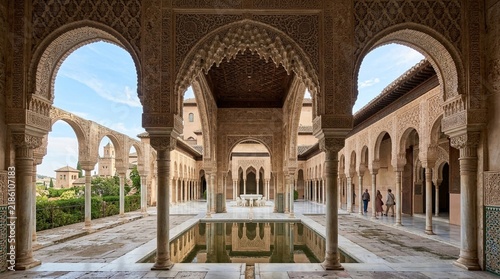 Alhambra Palace courtyard, Granada, Spain - ornate arches, reflecting pool, historic architecture