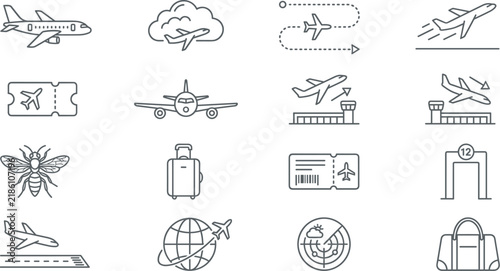 Air travel aviation airport terminal and flight services line vector icon setAir travel aviation airport terminal and flight services line vector icon set