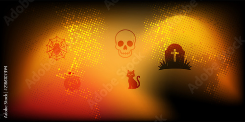 Halloween Spooky Background with Skull, Black Cat and Graveyard Silhouettes.