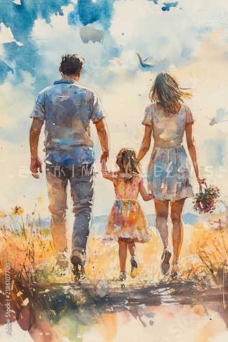 Watercolor painting of a family of four, parents and two daughters, walking handinhand