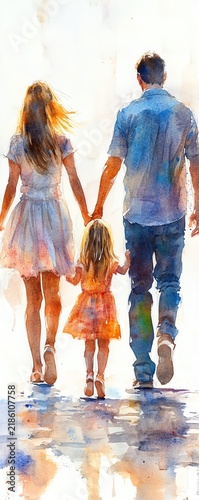 Watercolor painting of a family of four, parents and two daughters, walking handinhand