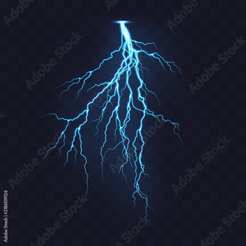 Realistic vector thunderbolt lightning effect. Electric power charges and night thunderstorm, thunder strikes with magic bright light rays isolated on a transparent background.