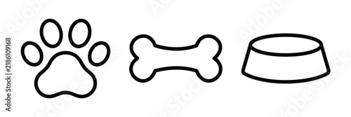 Set of pet icons including a paw print, a dog bone, and a food bowl, simple black line art illustrations