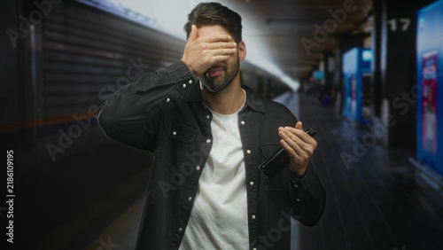 Konstfotografi Hispanic man holding beer bottle covers eyes with hand on train platform inside building; embarrassment late commute