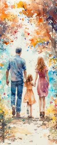 Watercolor painting of a family of four, parents and two daughters, walking handinhand