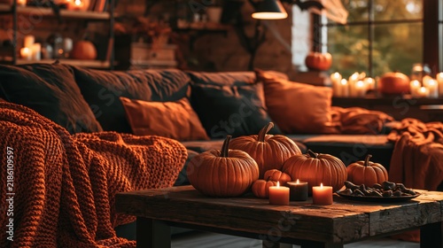 Naklejka Cozy autumn living room decorated with pumpkins and candles on wooden coffee table
