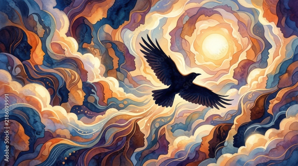 Obraz premium A Raven Soars Through a Dreamlike Sky Filled with Human Faces.