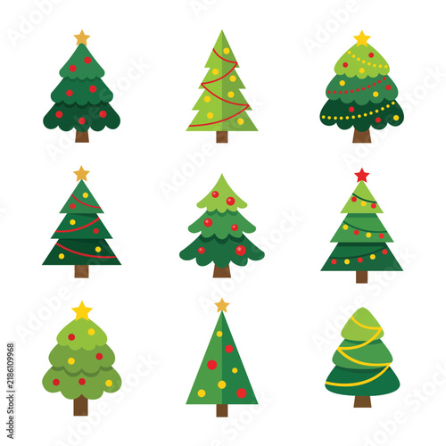 Collection of decorated Christmas trees with stars and baubles on transparent background.
