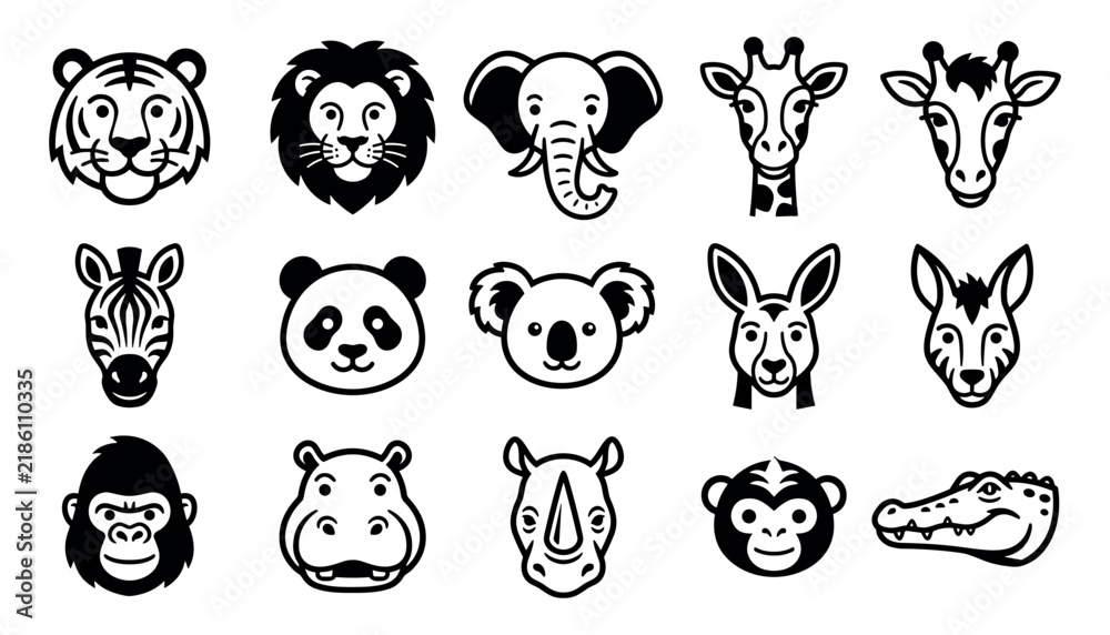 Fototapeta premium Set of cute wild animal vector icons including tiger, lion, elephant, giraffe, zebra, panda, koala and more