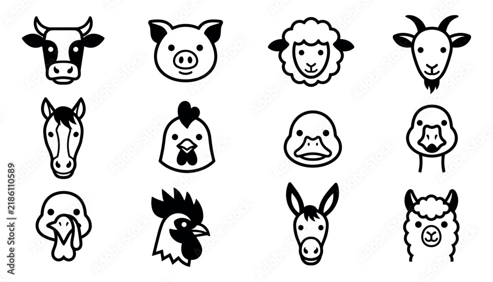 Fototapeta premium Set of farm animal vector icons isolated on white background, livestock and poultry illustrations