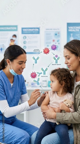 Pediatric clinical injection  childhood immunization  toddler vaccination  nurse administer  antibody protection  mother support  prevent disease  safe dose  immune response  syringe needle.