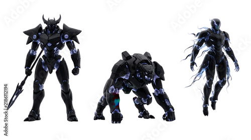 Three modern halloween inspired action figures featuring sleek black armor and distinctive designs for a futuristic look