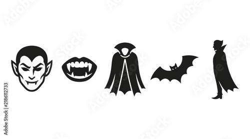 Bild auf Leinwand Minimalist black vampire icon set featuring a classic count head, sharp fangs in a mouth, a high-collared cape, a flying bat, and a full-body silhouette profile on a white background