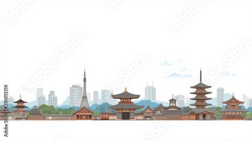 Kyoto skyline illustration with traditional Japanese temples and modern city buildings