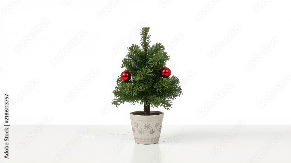 Fototapeta premium Small tabletop Christmas tree with red ornaments in a rustic pot on white background