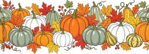 Colorful Autumn Pumpkin Harvest Border With Gourds Leaves And Foliage