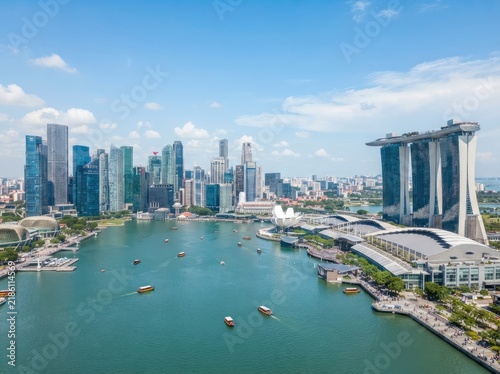 Aerial panoramic view of a modern metropolitan cityscape featuring skyscrapers, waterfront promenade, and various tour boats cruising on a river under a clear blue sky.