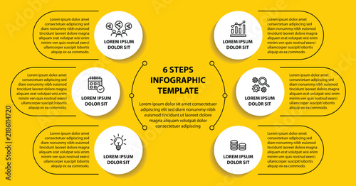 6 steps infographic template with 6 options. Flowchart that can be used for business report, data visualization and presentation. Timeline infographic elements vector illustration.