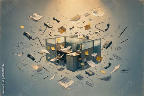 Surreal Exploding Office Cubicle in Dreamlike Spatial Void
