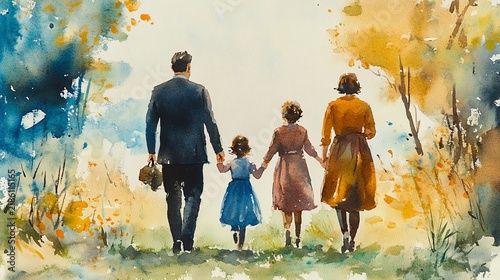 Watercolor painting of a family of four, parents and two daughters, walking handinhand