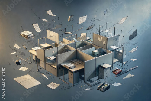 Surreal Exploding Office Cubicle in Dreamlike Spatial Void