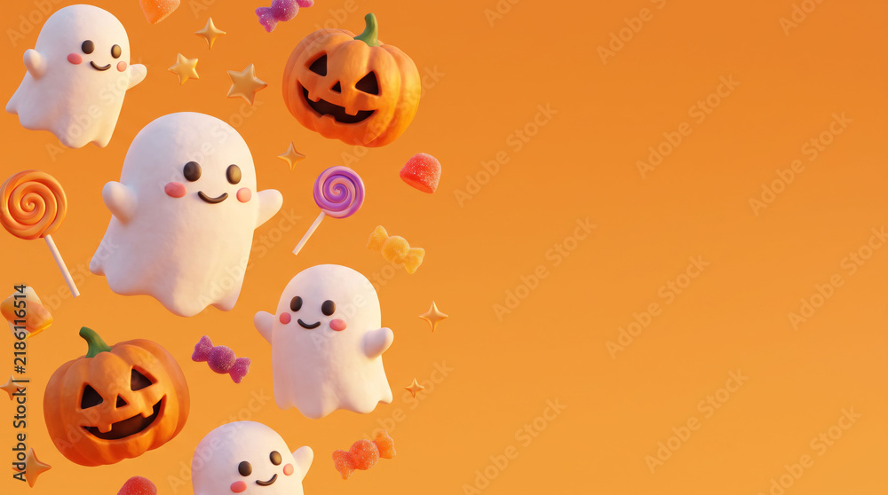Naklejka premium ハロウィン：可愛いお化けとカボチャのポップな背景デザインシリーズ