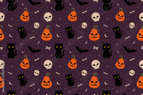 Halloween Seamless Pattern with Black Cats, Pumpkins, Skulls, Bats, Stars and Moon on Purple Background