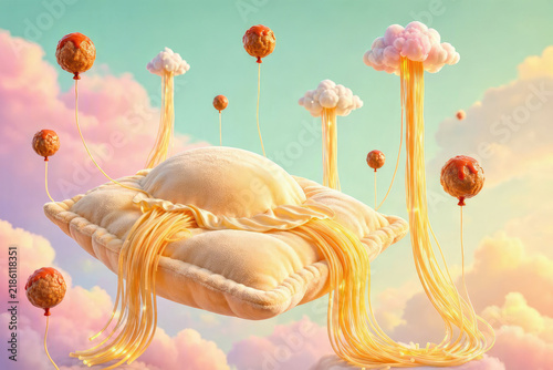 Surreal Pop Art of Giant Ravioli and Spaghetti Waterfalls, Absurd Humor Fantasy Concept for National Pasta Day