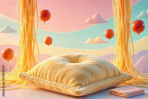 Surreal Pop Art of Giant Ravioli and Spaghetti Waterfalls, Absurd Humor Fantasy Concept for National Pasta Day