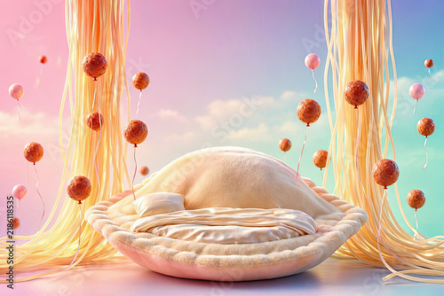 Surreal Pop Art of Giant Ravioli and Spaghetti Waterfalls, Absurd Humor Fantasy Concept for National Pasta Day