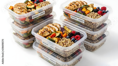 Healthy meal prep containers with chicken and berries.